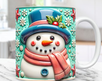 3D Aufgeblasener Schneemann Becher Wrap Weihnachtsbecher Wrap Sublimationsdesign PNG 11oz 15 Unzen Kaffeetasse Vorlage 3D Floral Schneemann Becher Pressendesign