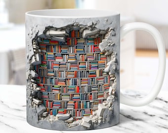 3D-boksmuggomslag, 3D-bokhyllemuggomslag med sublimeringsdesign PNG, 3D-bokälskaremuggomslag, 11oz och 15oz kaffemuggomslag, digital nedladdning