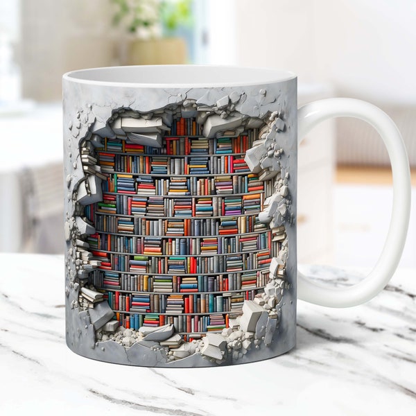 3D Book Mug Wrap, 3D Bookshelf Mug Wrap Sublimation Design PNG, 3D Book Lover Mug Wrap, 11oz and 15oz Coffee Mug Wrap, Digital Download