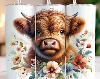 Vaso de vaca de las tierras altas con diseño floral, vaso delgado de 20 oz, diseño de sublimación, vaso recto y cónico de acuarela PNG, descarga digital