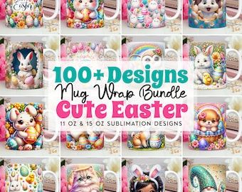 100 Easter Mug Wrap Bundle, Cute Easter Bunny Mug Wrap Sublimation Designs PNG, 11oz and 15oz Mug Template, 3D Easter Mug Wrap