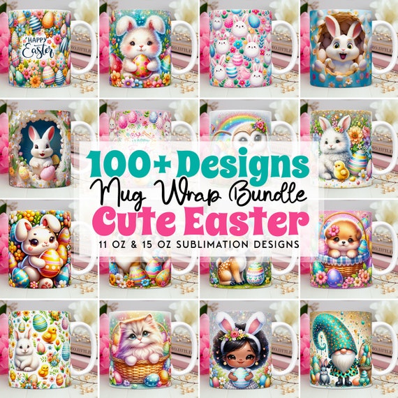 100 Easter Mug Wrap Bundle, Cute Easter Bunny Mug Wrap Sublimation Designs PNG, 11oz and 15oz Mug Template, 3D Easter Mug Wrap