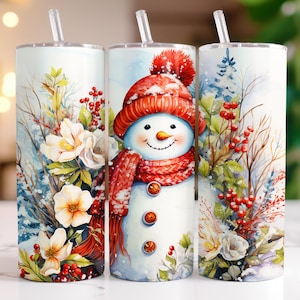 Snowman Christmas Tumbler Wrap Floral 20 oz Skinny Tumbler Sublimation Designs Straight & Tapered Tumbler PNG, Instant Digital Download