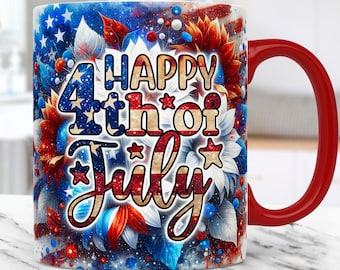 4th of July Mug Wrap Floral American Flag Mug PNG Sublimation Design Happy 4th of July 11oz 15oz Coffee Cup Template Mug