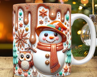 3D-Weihnachtsbecherverpackung Schneemannbecherverpackung Aufgeblasener Sublimationsentwurf 3D Puffy Schneemannbecher PNG-Presse-Design 15 Unze und 11 Unze Kaffeetasse Vorlage