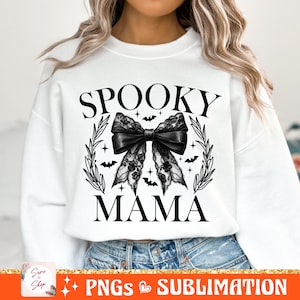 May include: White sweatshirt with black text that reads "Spooky Mama" and a black lace bow with bats and stars.