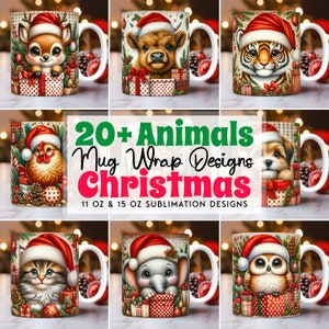 May include: Set of 20+ Christmas mug wrap designs featuring various animals wearing Santa hats. The designs include a deer, cow, tiger, rooster, puppy, cat, elephant, and owl. The mugs are 11 oz and 15 oz sublimation designs.