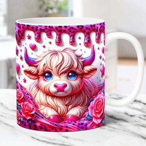 3D Valentine Baby Highland Day Mug Wrap Sublimation Design PNG Valentines Day 11oz 15oz Coffee Cup Template Highland Cow Mug Press Design