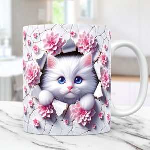 3D Kitten Hole In A Wall Mug Wrap, Cat Mug Wrap Sublimation Design PNG, 11oz and 15oz Coffee Cup Template, 3D Cute Cat Mug Press Design