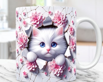 3D Kitten Hole In A Wall Mug Wrap, Cat Mug Wrap Sublimation Design PNG, 11oz and 15oz Coffee Cup Template, 3D Cute Cat Mug Press Design