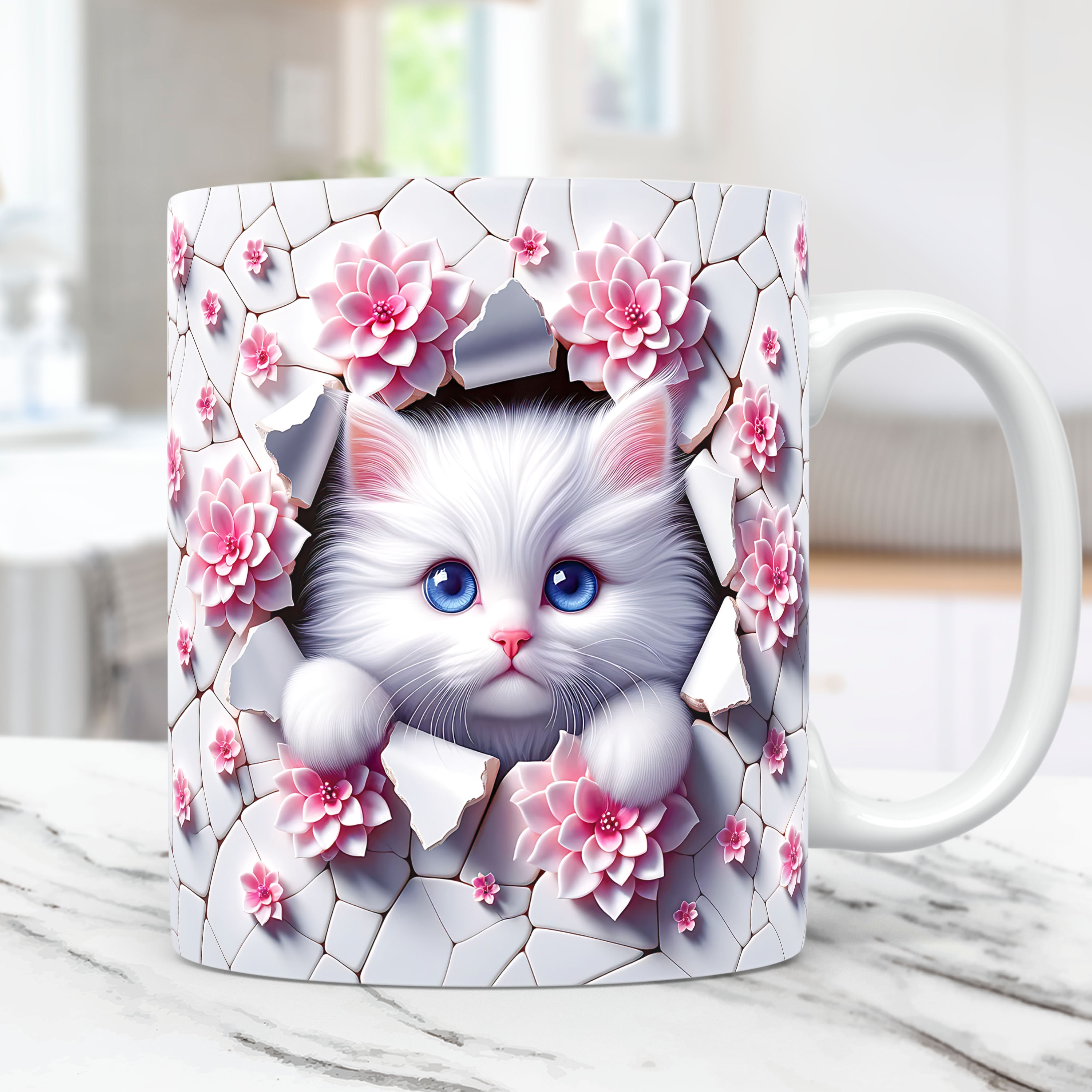 3D Kitten Hole in A Wall Mug Wrap, Cat Mug Wrap Sublimation Design PNG,  11oz and 15oz Coffee Cup Template, 3D Cute Cat Mug Press Design 