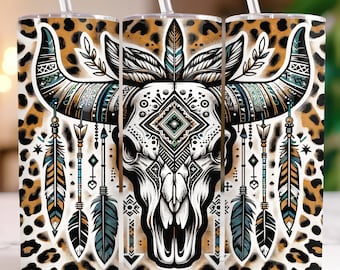 Boho Kuhschädel Tumbler Wrap, Cowgirl Tumbler PNG, Country Tumbler Wrap, 20 oz Tumbler Sublimation Design, Western Tumbler Wrap, Rindsleder PNG