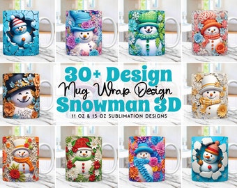 Paquete de envolturas para tazas navideñas con diseño de muñeco de nieve en 3D, diseños de envolturas para tazas por sublimación PNG, plantillas para tazas de 11 oz y 15 oz, envolturas para tazas navideñas en 3D