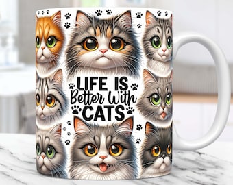 La vie est meilleure avec les chats Mug Wrap Cat Lovers Mug Wrap Sublimation Design PNG Pets Mug PNG Press Design, Cats 11oz & 15oz Coffee Cup Template