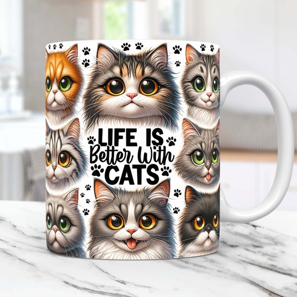 La vie est meilleure avec les chats Mug Wrap Cat Lovers Mug Wrap Sublimation Design PNG Pets Mug PNG Press Design, Cats 11oz & 15oz Coffee Cup Template