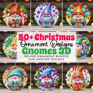 3D Gnomes Christmas Ornament Bundle PNG Sublimation Designs Cute 3D Christmas Round Ornament PNG, Instant Digital Download