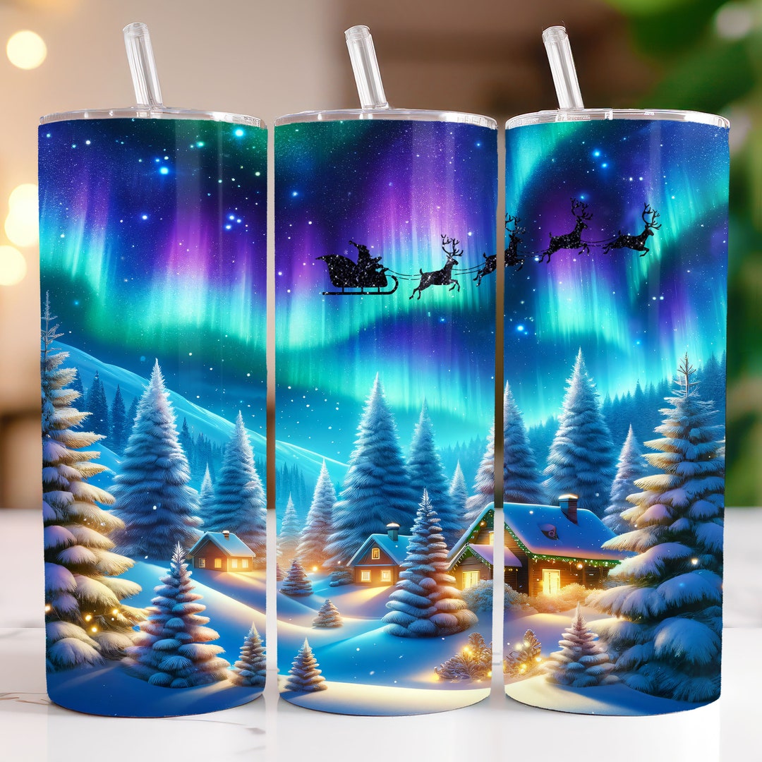 Northern Lights Santa Reindeer Tumbler Wrap Christmas Skinny 20 Oz ...