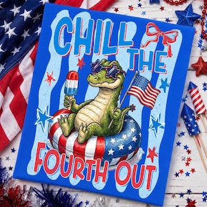 May include: Blue graphic tee with a cartoon alligator wearing star-shaped sunglasses and an inner tube. The alligator holds an American flag and a popsicle. Text reads "CHILL THE FOURTH OUT."