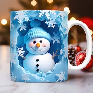 3D Snowman Hole In Snowflakes Wall Mug Wrap Sublimation Design PNG, 3D Snowman 11oz 15oz Mug Wrap Template, 3D Christmas Mug Press Design