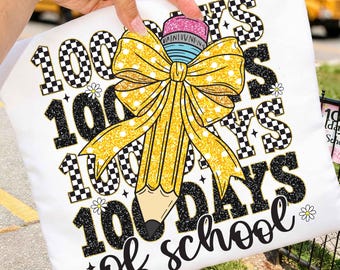 PNG con purpurina a cuadros de 100 días de clases, PNG de "Felices 100 días de clases", Lápiz de maestra coqueta, Png de maestra, Diseño de camiseta de 100 días