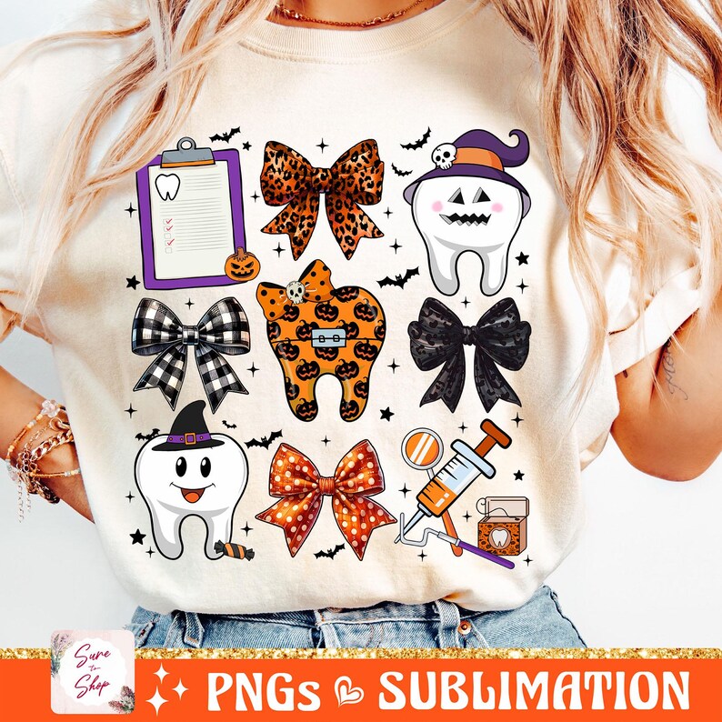 May include: A white t-shirt with a Halloween-themed dental design. The design features a tooth with a witch's hat, a tooth with a bow, a dental chart, a tooth with a pumpkin, a bow with black and white polka dots, a bow with orange and black polka dots, a dental floss container, a dental mirror, and a syringe.