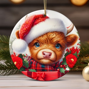 Baby Highland Cow Christmas Ornament PNG Highland Cow Sublimation Design Christmas Round Ornament PNG Instant Digital Download