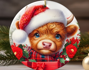 Baby Highland Cow Christmas Ornament PNG Highland Cow Sublimation Design Christmas Round Ornament PNG Instant Digital Download