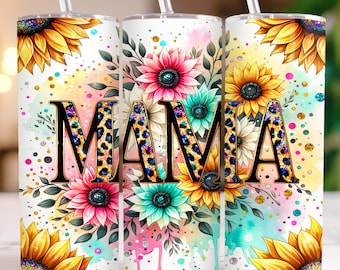 Mama Tumbler Wrap 20 oz Skinny Tumbler PNG Girasole Sublimazione Design Leopard Glitter Mama Tumbler Wrap Mamma Tumbler Wrap, Download digitale