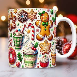 Gingerbread Christmas Mug Wrap, Gingerbread Man and Donuts Mug Wrap Sublimation Design PNG, 11oz and 15oz Coffee Mug Wrap, Digital Download