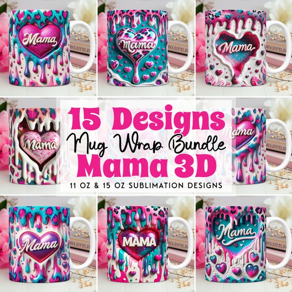 3D aufgeblasenes Herzloch in einem Wandbecher Wrap Bundle Mama Becher PNG Sublimationsdesigns, Mama Mug Wrap, 11 Unze und 15 Unze Liebe und Herzen Becher Vorlage