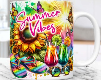 Zomermokomslag, Summer Vibes-moksublimatieontwerp, 11oz en 15oz moksjabloon, tropische mokomslagsjabloon, png, digitale download