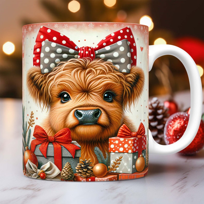 May include: A white ceramic mug with a festive design featuring a Highland cow wearing a red and white polka dot bow. The cow is surrounded by presents, pine cones, and ornaments.
