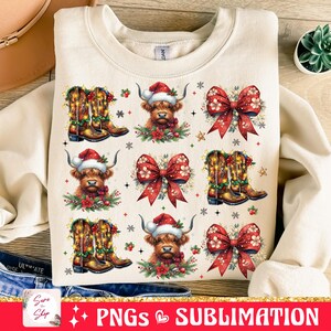 May include: A cream-colored sweatshirt with a repeating pattern of a Highland cow wearing a Santa hat, a pair of cowboy boots with lights, and a red bow with a green wreath. The pattern is repeated six times on the sweatshirt.