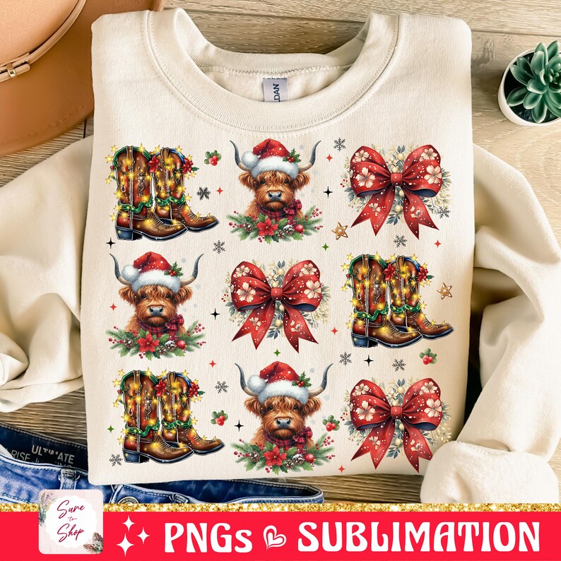 May include: A cream-colored sweatshirt with a repeating pattern of a Highland cow wearing a Santa hat, a pair of cowboy boots with lights, and a red bow with a green wreath. The pattern is repeated six times on the sweatshirt.