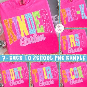 Retro Neon Back to School PNG Bundle, Coquette Kindergarten Pre-K 1st 2nd 3rd 4th Grade Png Designs, Girly Pink Bow, Hand Drawn, Colorful