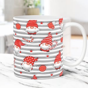 3D Gnomes Mug Wrap, Christmas Mug Wrap Sublimation Design PNG, 3D Inflated Puffy Christmas Gnomes Mug Wrap, 11oz & 15oz Coffee Cup Template
