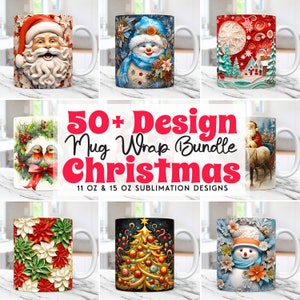 Pacote de 50 embalagens para canecas de Natal, designs de sublimação para canecas PNG, modelos de canecas de 11 oz e 15 oz, embalagens para canecas de Natal 3D