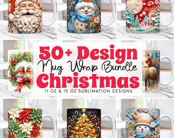 50 Weihnachtsbecher-Verpackungsbündel, Becher-Verpackungs-Sublimationsentwürfe PNG, 11 Unzen und 15 Unzen Becher-Vorlage, 3D-Weihnachtsbecher-Verpackung