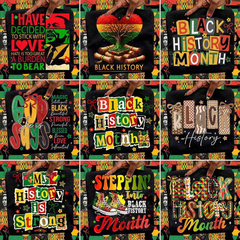 Puede incluir: Una colecci&oacute;n de camisetas negras con dise&ntilde;os gr&aacute;ficos coloridos que celebran el Mes de la Historia Negra. Las camisetas presentan varios textos e im&aacute;genes, incluyendo citas, corazones, &aacute;rboles y la frase "Black History Month."