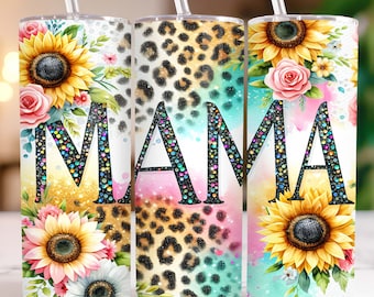 Mama Sunflower Tumbler Wrap 20 oz Skinny Tumbler PNG Sublimation Design Leopard Glitter Mama Tumbler Wrap Mom Tumbler Wrap, Digital Download