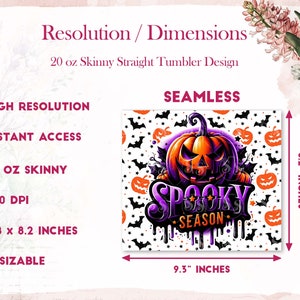May include: A seamless pattern design featuring a purple and orange pumpkin with a spooky season text and bats on a white background. The design is 9.3 inches wide and 8.2 inches tall.