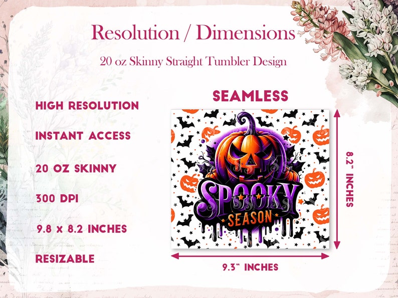May include: A seamless pattern design featuring a purple and orange pumpkin with a spooky season text and bats on a white background. The design is 9.3 inches wide and 8.2 inches tall.