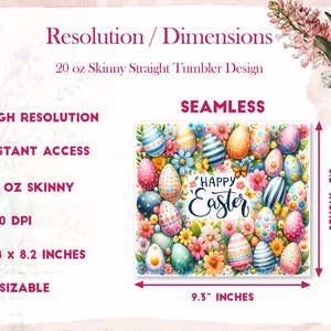 May include: A seamless 23.6 cm by 20.8 cm digital design featuring a colourful Easter egg pattern with the text "Happy Easter" in a white circle surrounded by flowers. The design is 300 DPI and is suitable for a 20 ounce skinny straight tumbler.