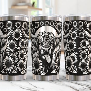Envoltura para vaso de vaca de las tierras altas con láser Svg, diseño de archivo láser Svg para vaso de girasoles de 20 oz, envoltura para vaso de 20 oz grabada con láser, Svg grabado con láser