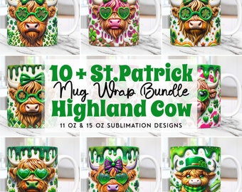 Highland Cow St Patricks Day Mug Wrap Bundle 3D Mug Wrap Sublimation Design PNG 11oz 15oz Mug Template 3D St Patrick's Day Mug Press Design