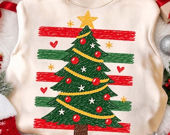 Girly Christmas Tree Png, Trendy Striped Xmas Sublimation Design, Preppy Christmas Brushstroke Png, Christmas Shirt Design