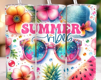 Summer Vibes Tumbler Wrap, 20 oz Skinny Tumbler PNG Hibiscus Sublimation Design Tropical Flowers Seamless Summer Tumbler Wrap