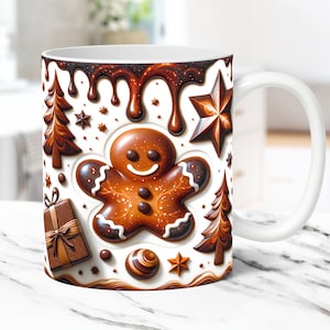 3D-Lebkuchenbecher Wrap Weihnachtsbecher-Verpackung PNG Sublimationsdesign 15 Unzen und 11 Unzen Kaffeetassen-Vorlage 3D Aufgeblasene Lebkuchenbecher-Presseentwurf