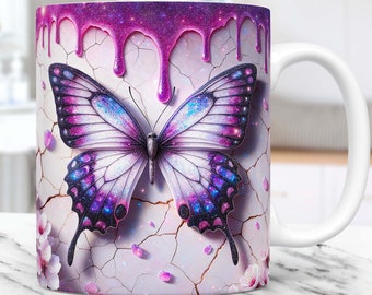3D Butterfly Mug Wrap, 3D Crack In A Wall Mug Wrap, 11oz & 15oz Mug Template, Flower Mug Sublimation Design Mug Template PNG