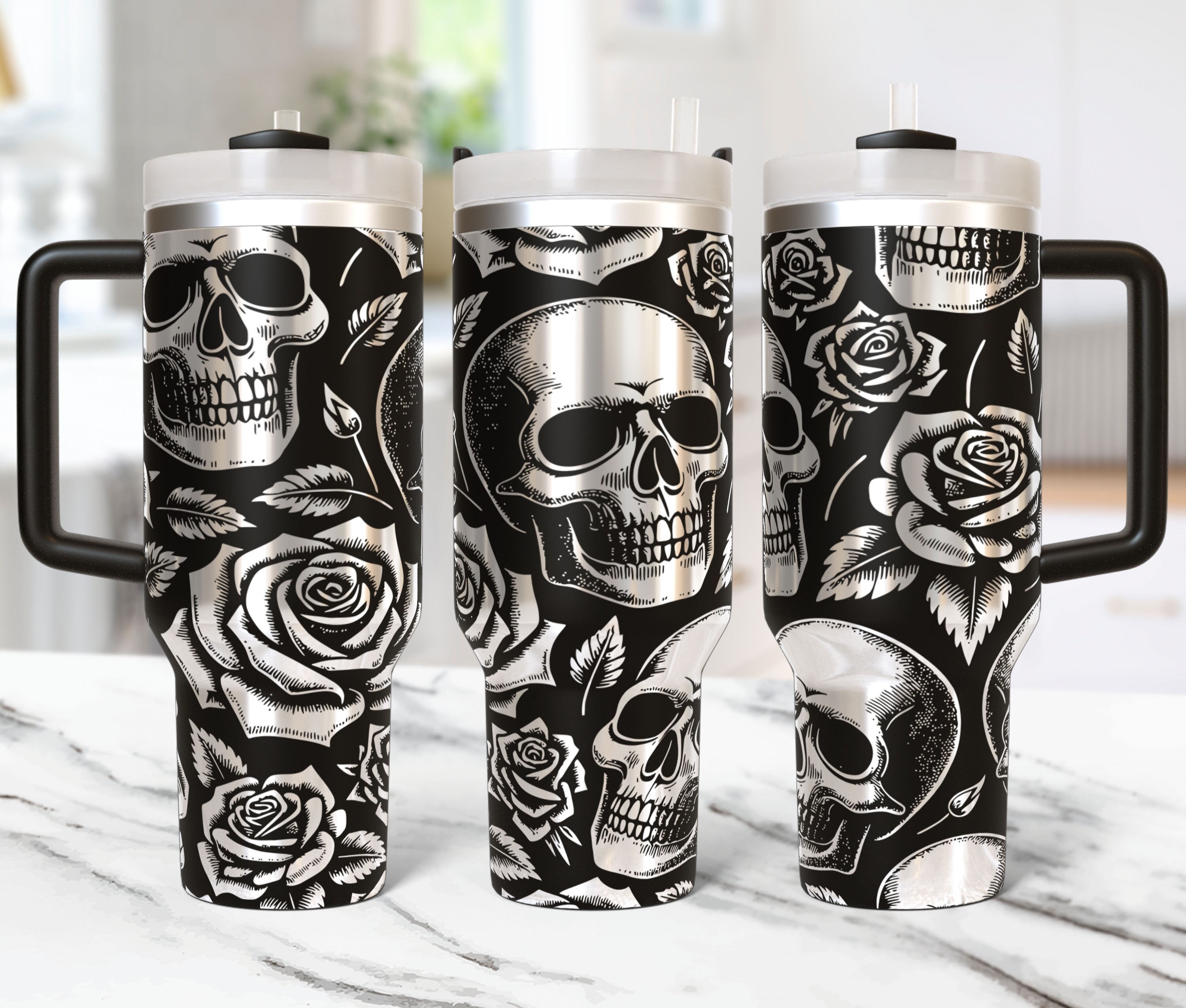 スカルボトル 黒 ガラス　ロエン Skulls Tumbler Wrap 40oz Laser Svg, Floral Engraved Tumbler Laser